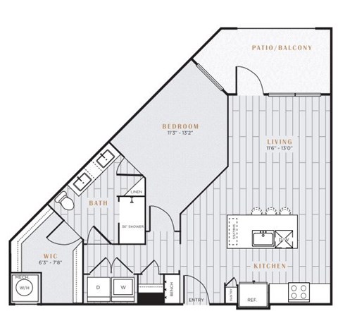 Floor plan for 1 bed, 1 bath, 801 sqft